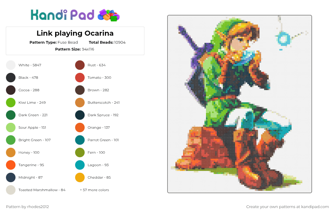 Link playing Ocarina - Fuse Bead Pattern by rhodes2012 on Kandi Pad - white,green,orange,red,brown,colorful