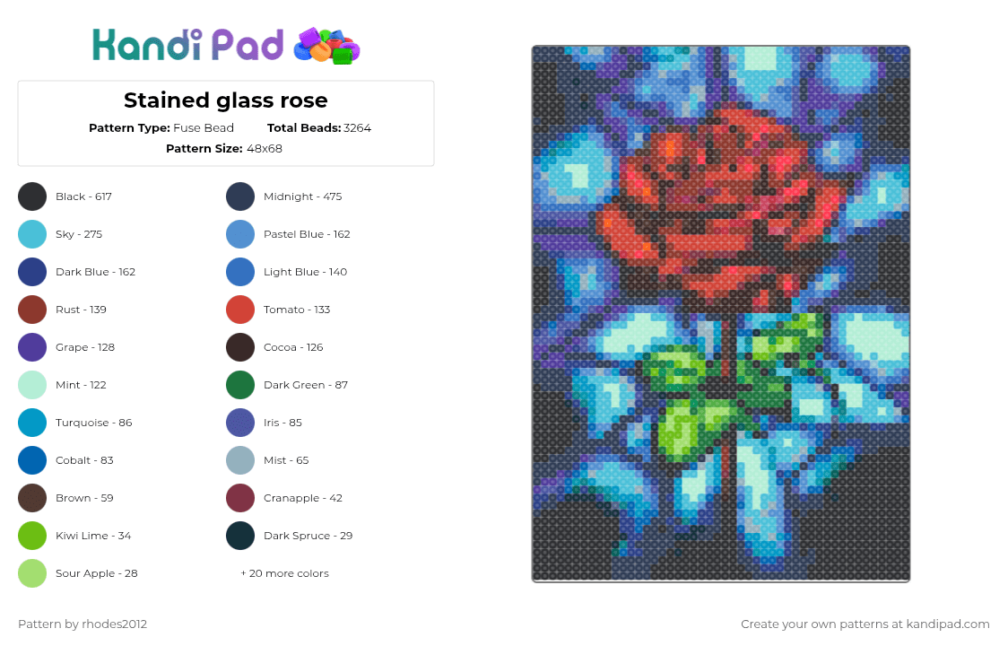 Stained glass rose - Fuse Bead Pattern by rhodes2012 on Kandi Pad - purple,light blue,brown,colorful