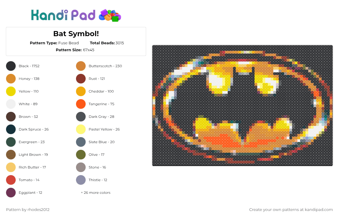 Bat Symbol! - Fuse Bead Pattern by rhodes2012 on Kandi Pad - black,orange,yellow,colorful