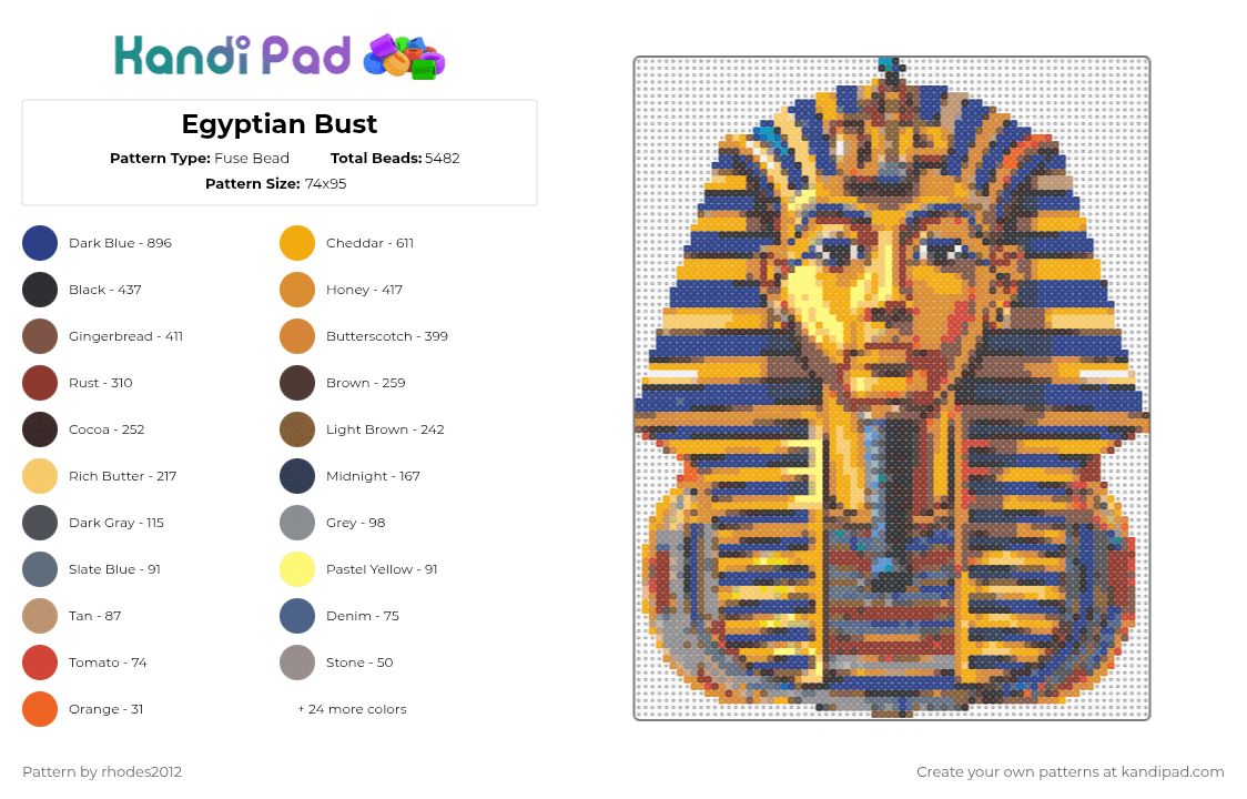 Egyptian Bust - Fuse Bead Pattern by rhodes2012 on Kandi Pad - blue,orange,tan,yellow,colorful,cotdintuition
