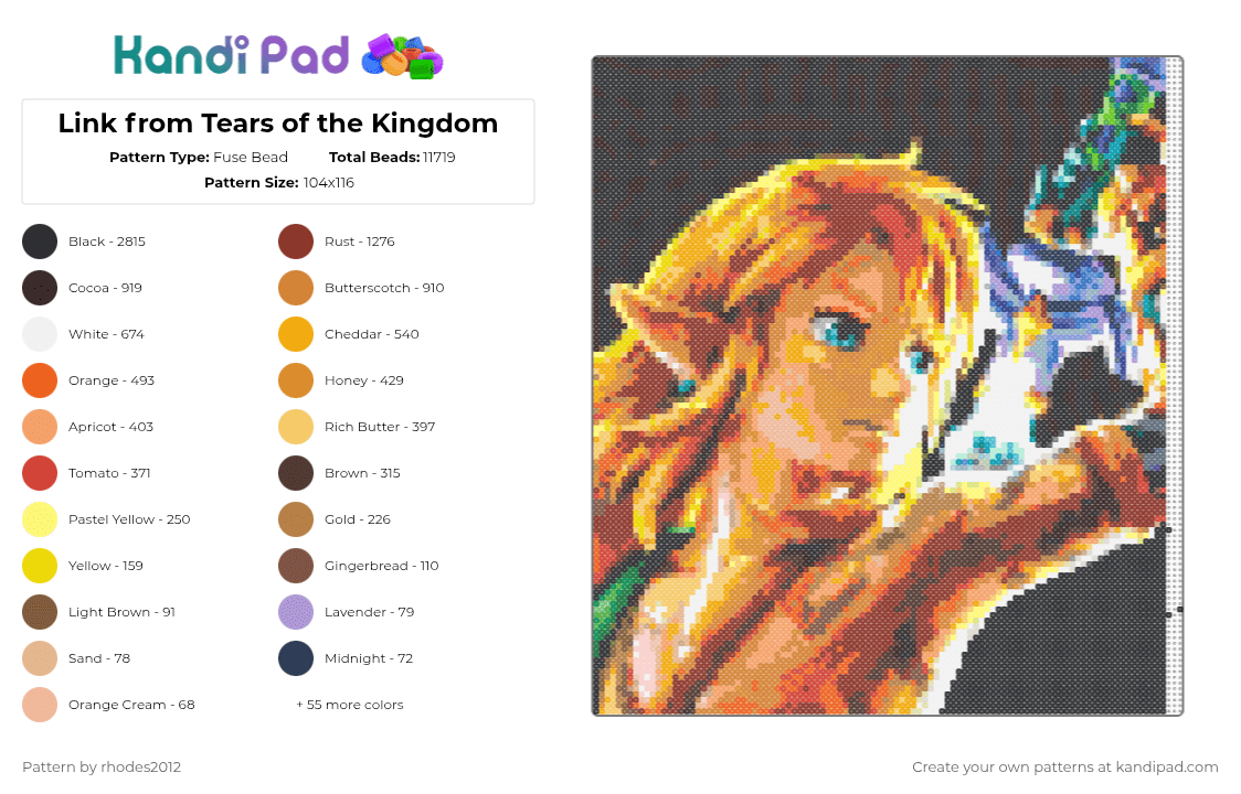 Link from Tears of the Kingdom - Fuse Bead Pattern by rhodes2012 on Kandi Pad - brown,yellow,orange,red
