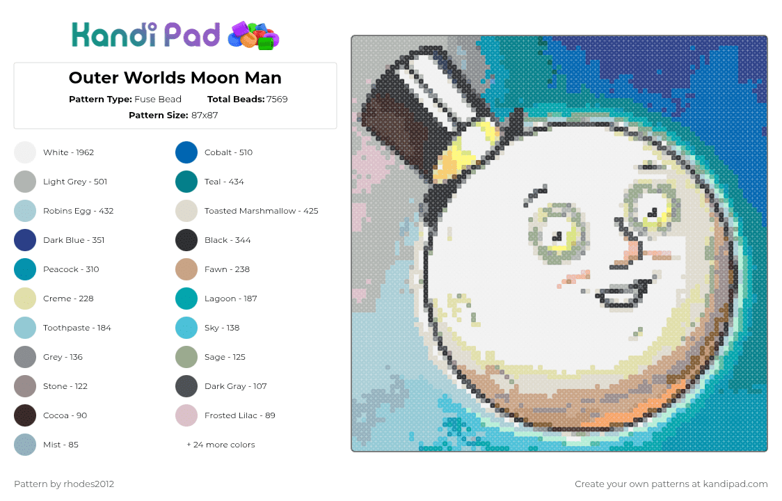 Outer Worlds Moon Man - Fuse Bead Pattern by rhodes2012 on Kandi Pad - beige,teal,blue,light blue,colorful