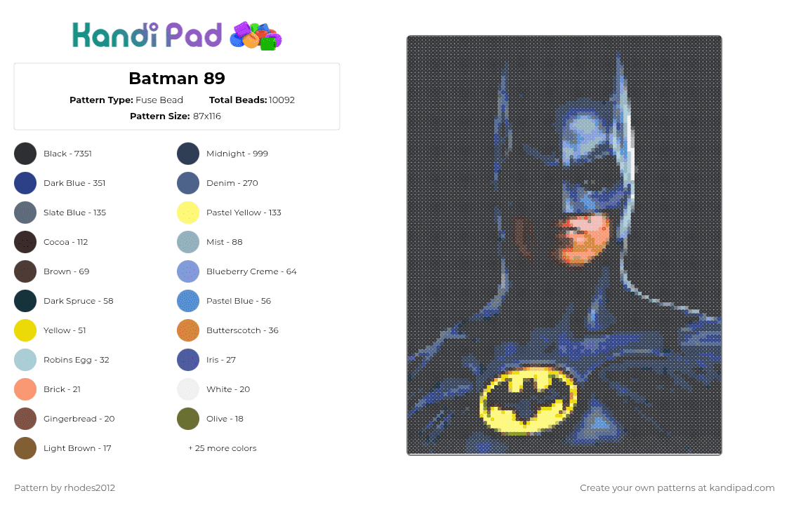 Batman 89 - Fuse Bead Pattern by rhodes2012 on Kandi Pad - black,purple,blue,light blue,yellow,colorful
