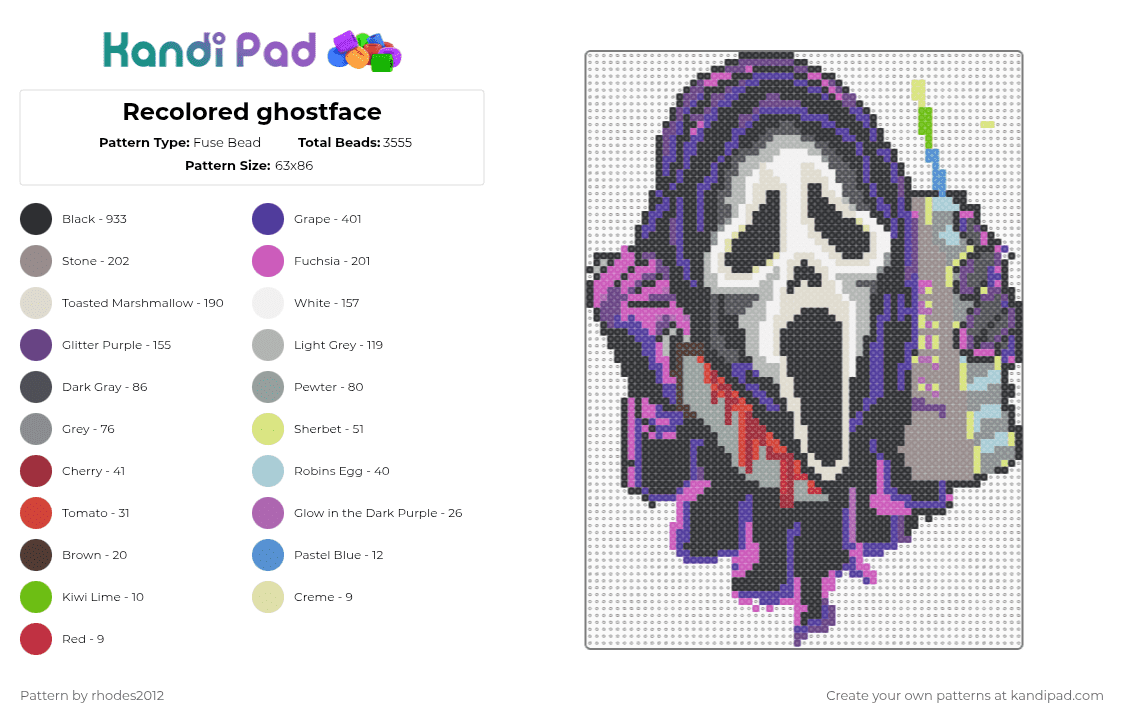 Recolored ghostface - Fuse Bead Pattern by rhodes2012 on Kandi Pad - black,gray,purple,beige,colorful