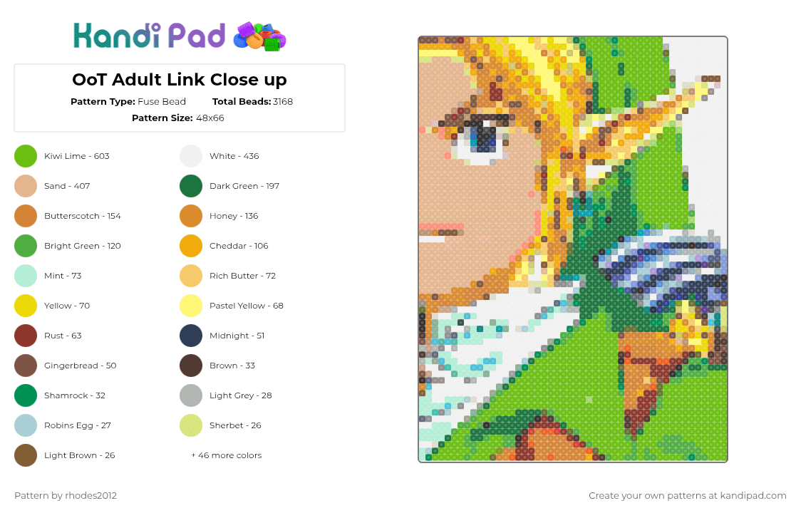 OoT Adult Link Close up - Fuse Bead Pattern by rhodes2012 on Kandi Pad - orange,green,beige,light blue,colorful