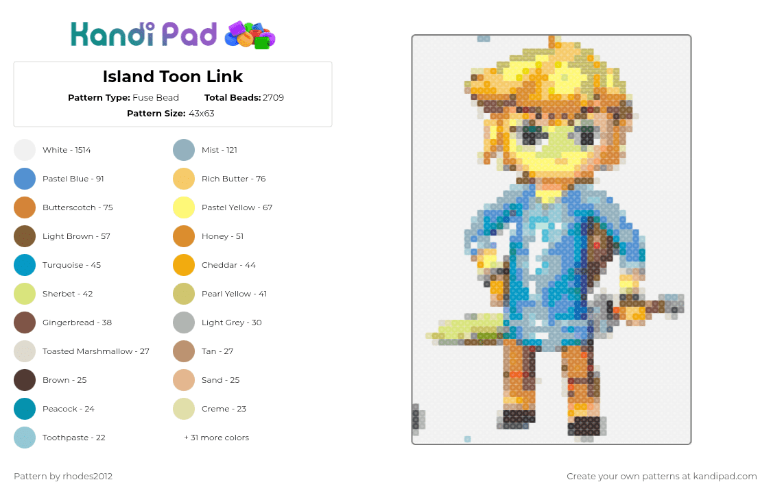 Island Toon Link - Fuse Bead Pattern by rhodes2012 on Kandi Pad - white,light blue,orange,yellow,beige,colorful