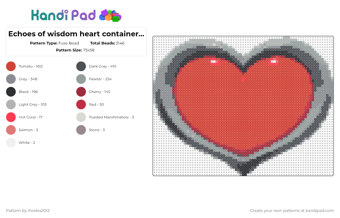Echoes of wisdom heart container zelda - Fuse Bead Pattern by rhodes2012 on Kandi Pad - gray,red