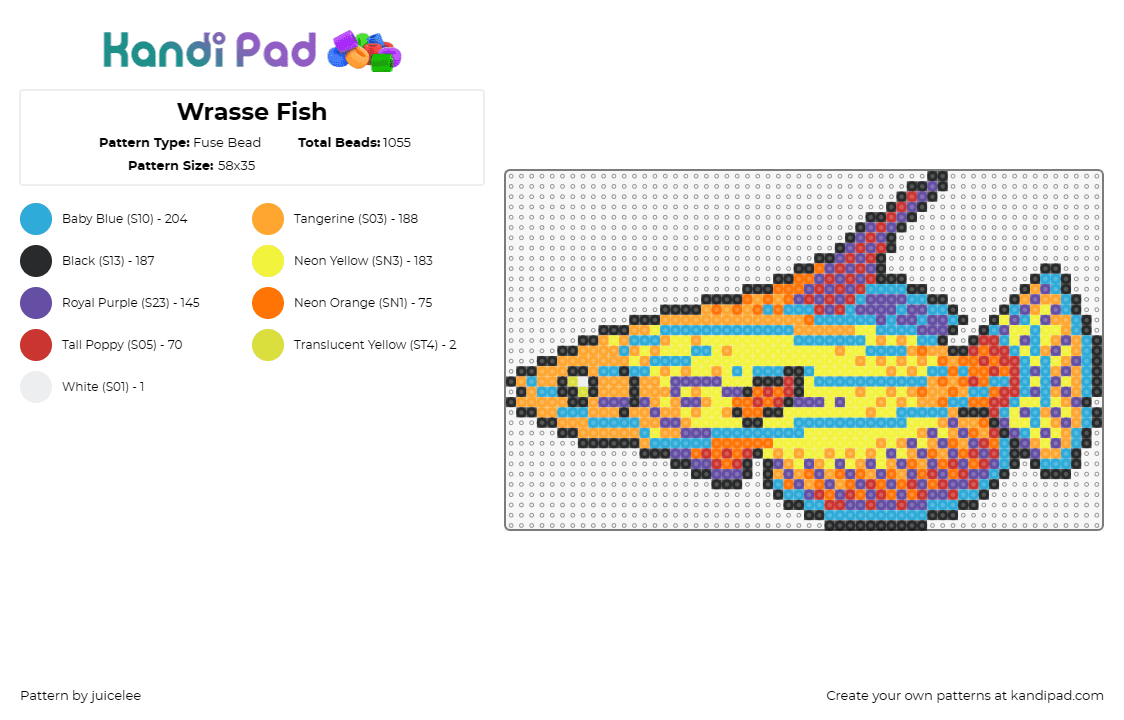 Wrasse Fish - Fuse Bead Pattern by juicelee on Kandi Pad - wrasse fish,animal,colorful,vibrant,lively,tropical,marine,diversity,yellow,oran