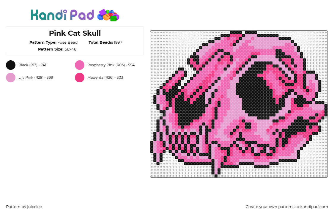 Pink Cat Skull - Fuse Bead Pattern by juicelee on Kandi Pad - gpt this fuse bead pattern offers a striking depiction of a pink cat skull,blend