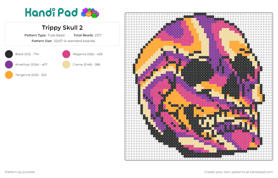 Trippy Skull 2 - Fuse Bead Pattern by juicelee on Kandi Pad - skull,trippy,colorful,halloween,vibrant,accent,home decor,captivating,unique,orange,purple
