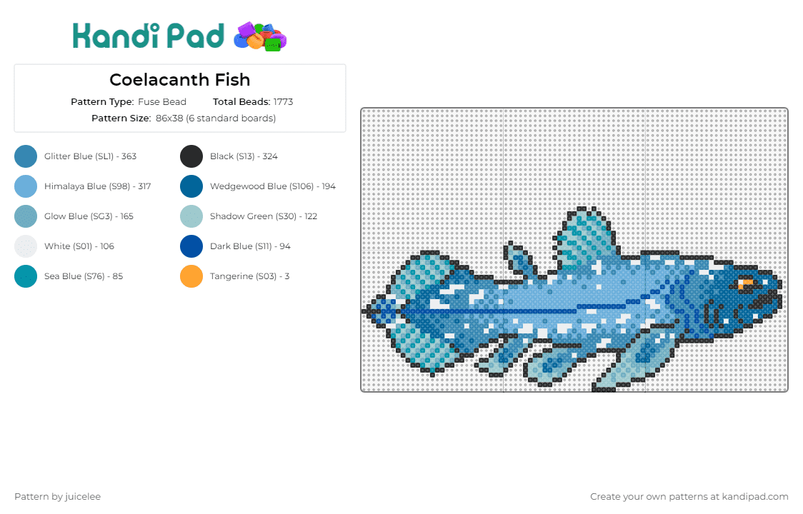 Coelacanth Fish - Fuse Bead Pattern by juicelee on Kandi Pad - coelacanth,fish,animal,ancient,marine,prehistoric,living fossil,oceanic,blue