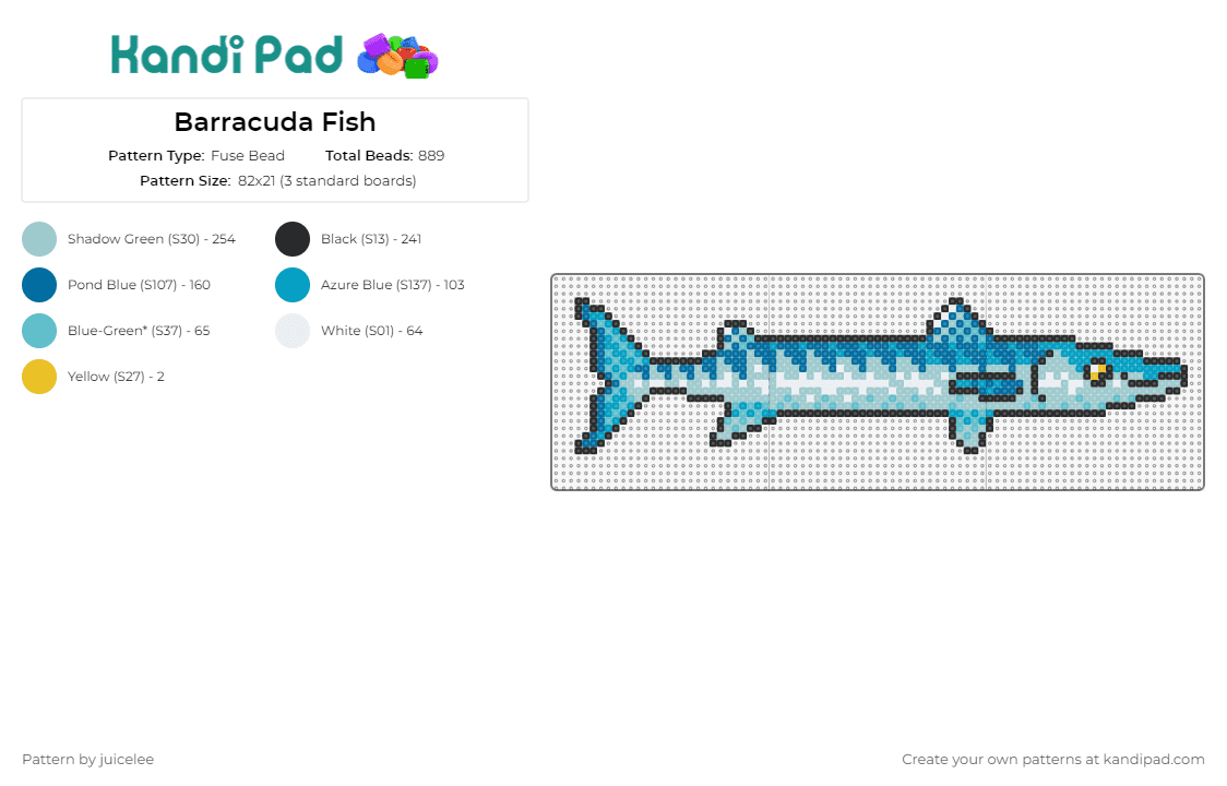 Barracuda Fish - Fuse Bead Pattern by juicelee on Kandi Pad - barracuda,fish,animal,ocean,predator,marine,wildlife,detailed,sea,standout,blue
