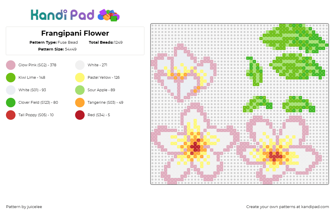 Frangipani Flower - Fuse Bead Pattern by juicelee on Kandi Pad - frangipani,plumeria,flower,tropical,bloom,lush,pink