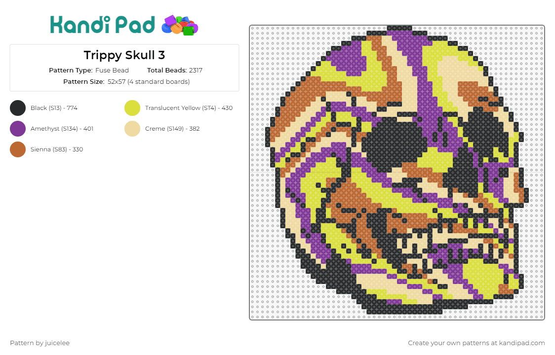 Trippy Skull 3 - Fuse Bead Pattern by juicelee on Kandi Pad - skull,trippy,colorful,halloween,psychedelic,decorative,motif,mesmerizing,unique,yellow,purple