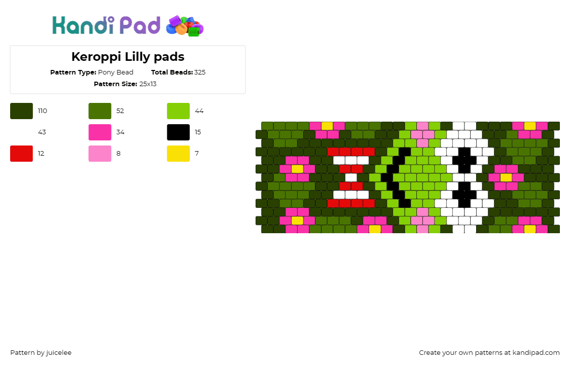 Keroppi Lilly pads - Pony Bead Pattern by juicelee on Kandi Pad - keroppi,sanrio,hello kitty,cuff,whimsical,cute,frog,character,green