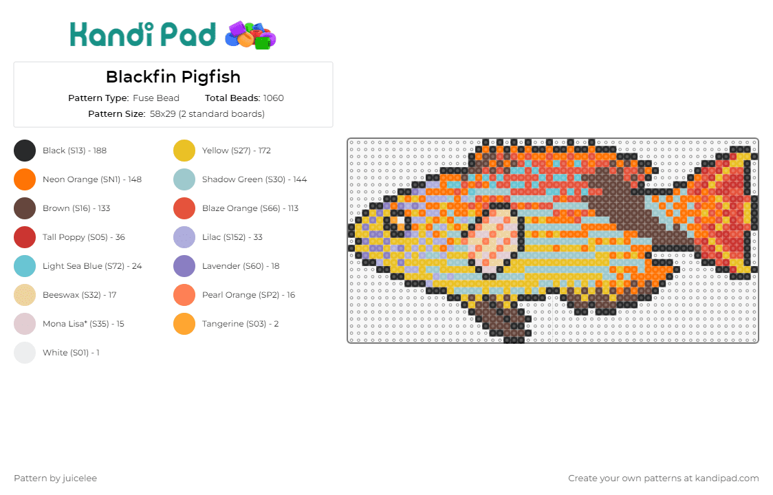 Blackfin Pigfish - Fuse Bead Pattern by juicelee on Kandi Pad - blackfin pigfish,fish,animal,ocean,stripes,tropical,cute,orange