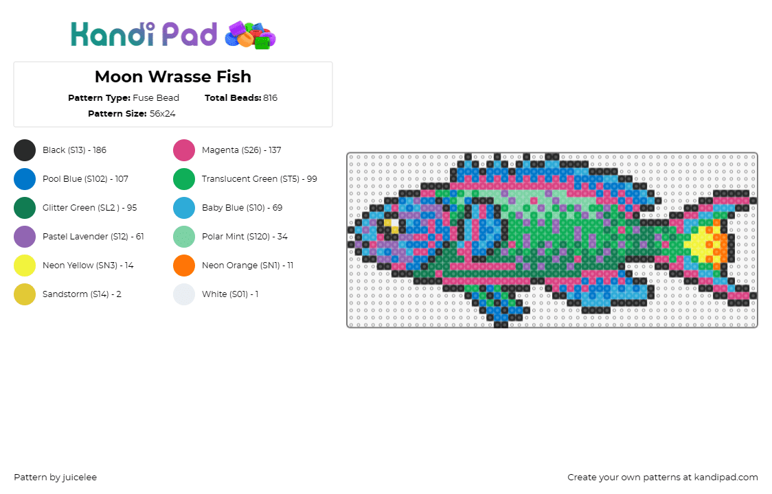 Moon Wrasse Fish - Fuse Bead Pattern by juicelee on Kandi Pad - moon wrasse,fish,animal,colorful,vibrant,marine,playful,bold,tropical,green