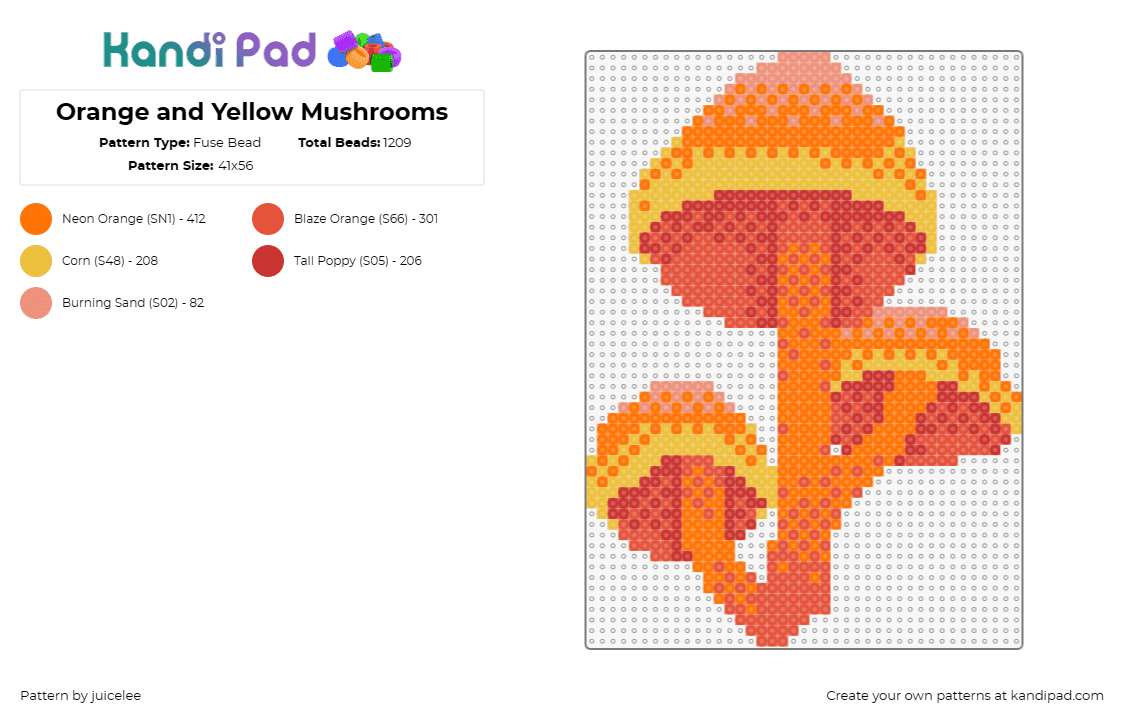 Orange and Yellow Mushrooms - Fuse Bead Pattern by juicelee on Kandi Pad - mushrooms,fungi,nature,vibrant,fascinating,woodland,flora,orange,yellow