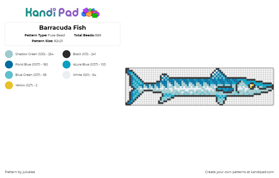 Barracuda Fish - Fuse Bead Pattern by juicelee on Kandi Pad - barracuda,fish,animal,ocean,predator,marine,wildlife,detailed,sea,standout,blue