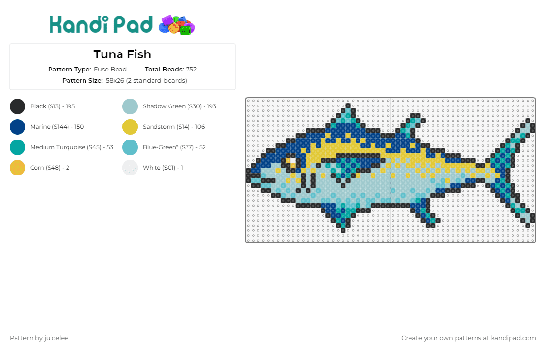 Tuna Fish - Fuse Bead Pattern by juicelee on Kandi Pad - tuna,fish,animal,nautical,marine,sea,intricate,creative,oceanic,blue