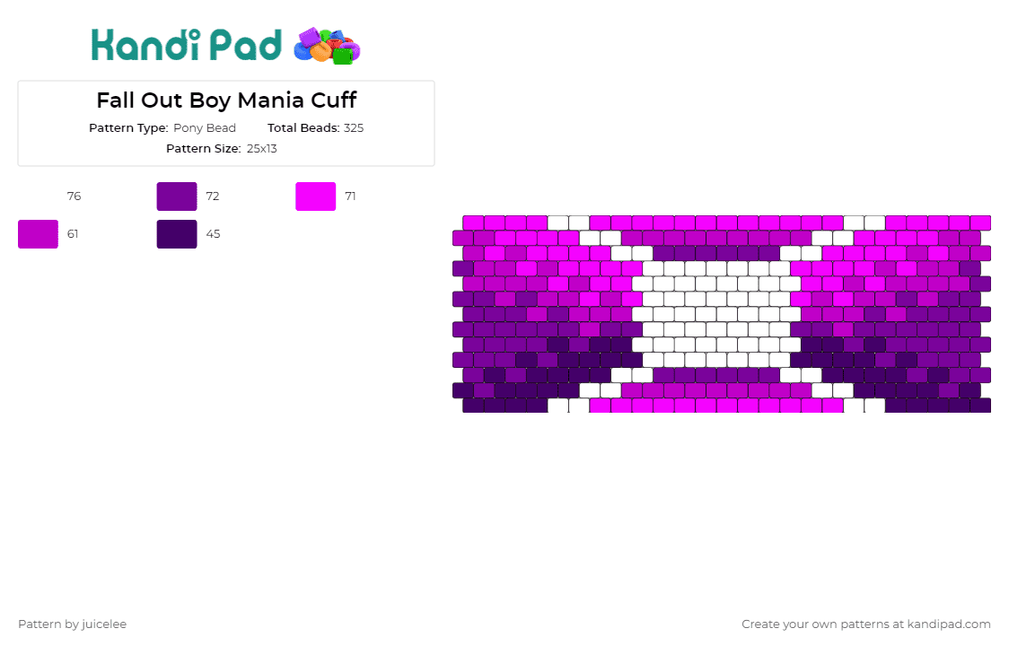 Fall Out Boy Mania Cuff - Pony Bead Pattern by juicelee on Kandi Pad - fall out boy,music,band,cuff,statement,stylish,accessory,fans,showcase,purple