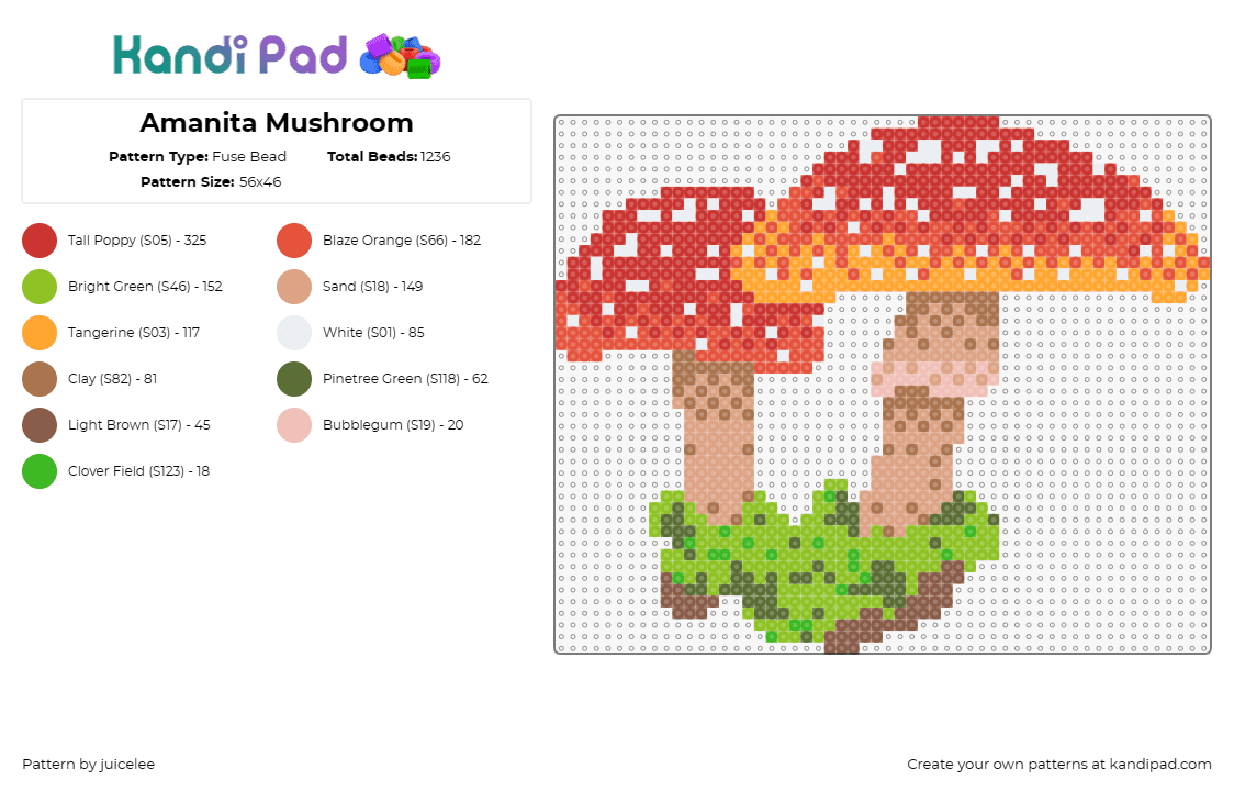 Amanita Mushroom - Fuse Bead Pattern by juicelee on Kandi Pad - amanita mushrooms,fungus,nature,forest,outdoors,earthy,dotted,red