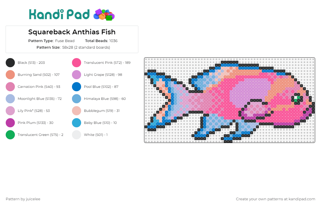 Squareback Anthias Fish - Fuse Bead Pattern by juicelee on Kandi Pad - squareback anthias,fish,animal,ocean,reef,tropical,cute,marine life,unique,pink