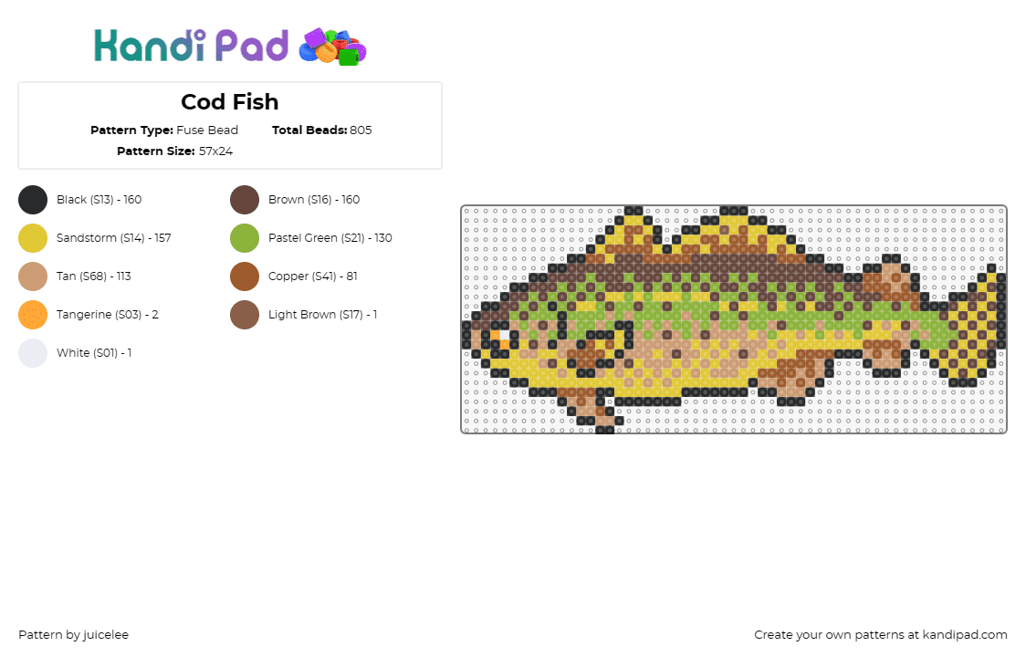 Cod Fish - Fuse Bead Pattern by juicelee on Kandi Pad - cod,fish,animal,ocean,marine,sea life,lifelike,green,brown