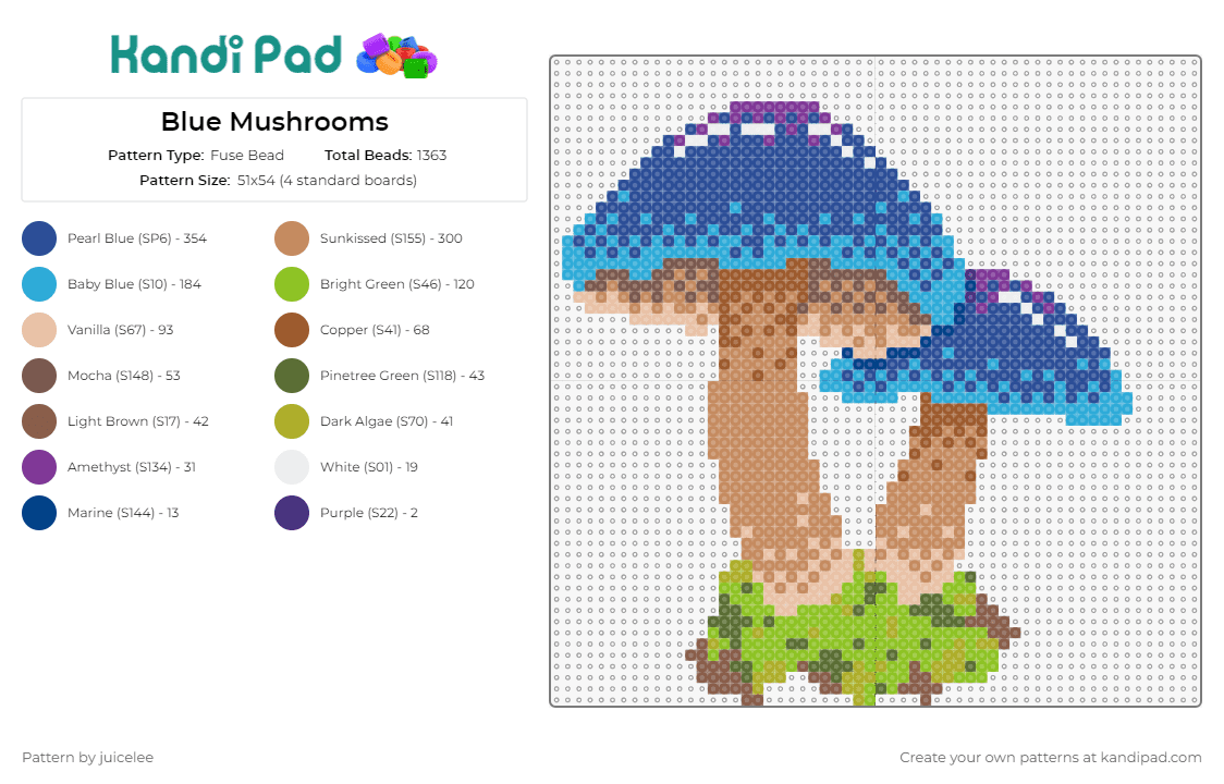 Blue Mushrooms - Fuse Bead Pattern by juicelee on Kandi Pad - mushrooms,fungus,nature,enchanting,organic,touch,duo,captivating,blue