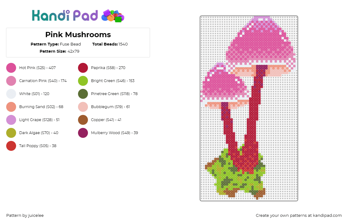 Pink Mushrooms - Fuse Bead Pattern by juicelee on Kandi Pad - mushrooms,fungus,nature,forest,whimsical,enchanting,pink,outdoors,magic