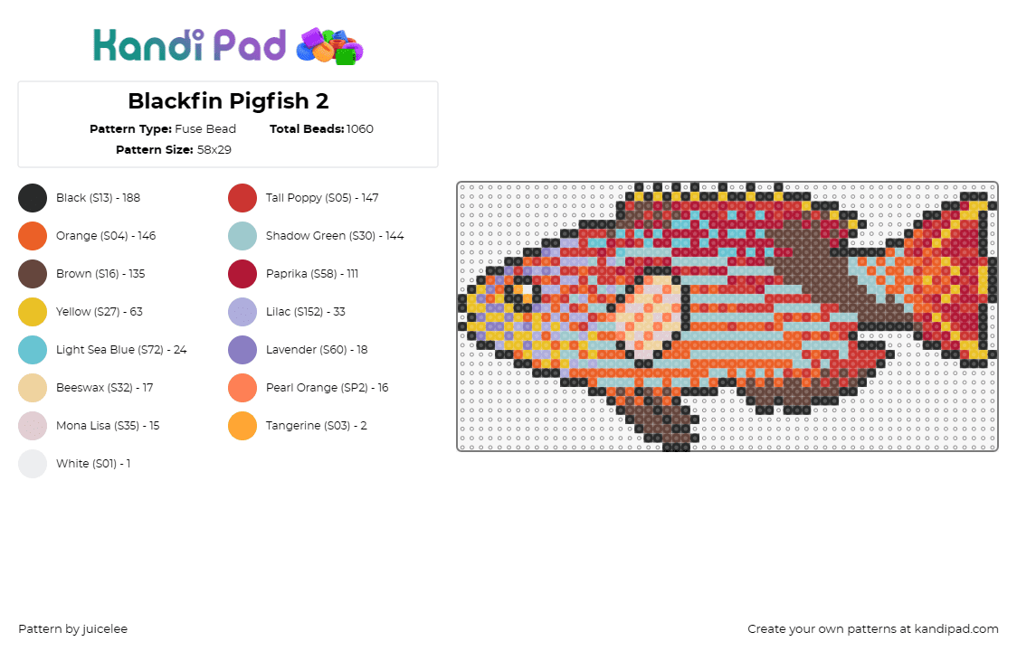 Blackfin Pigfish 2 - Fuse Bead Pattern by juicelee on Kandi Pad - blackfin pigfish,fish,ocean,tropical,colorful,stripes,orange,red