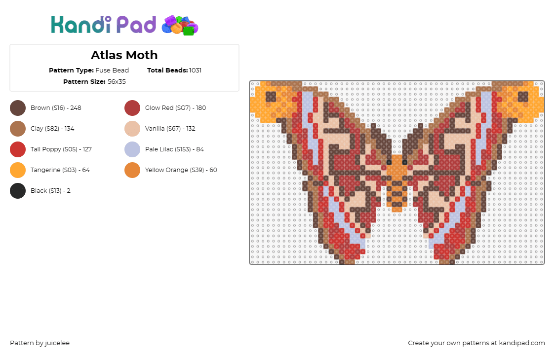 Atlas Moth - Fuse Bead Pattern by juicelee on Kandi Pad - atlas moth,butterfly,magnificent,nature,delicate,warm,majestic,brown