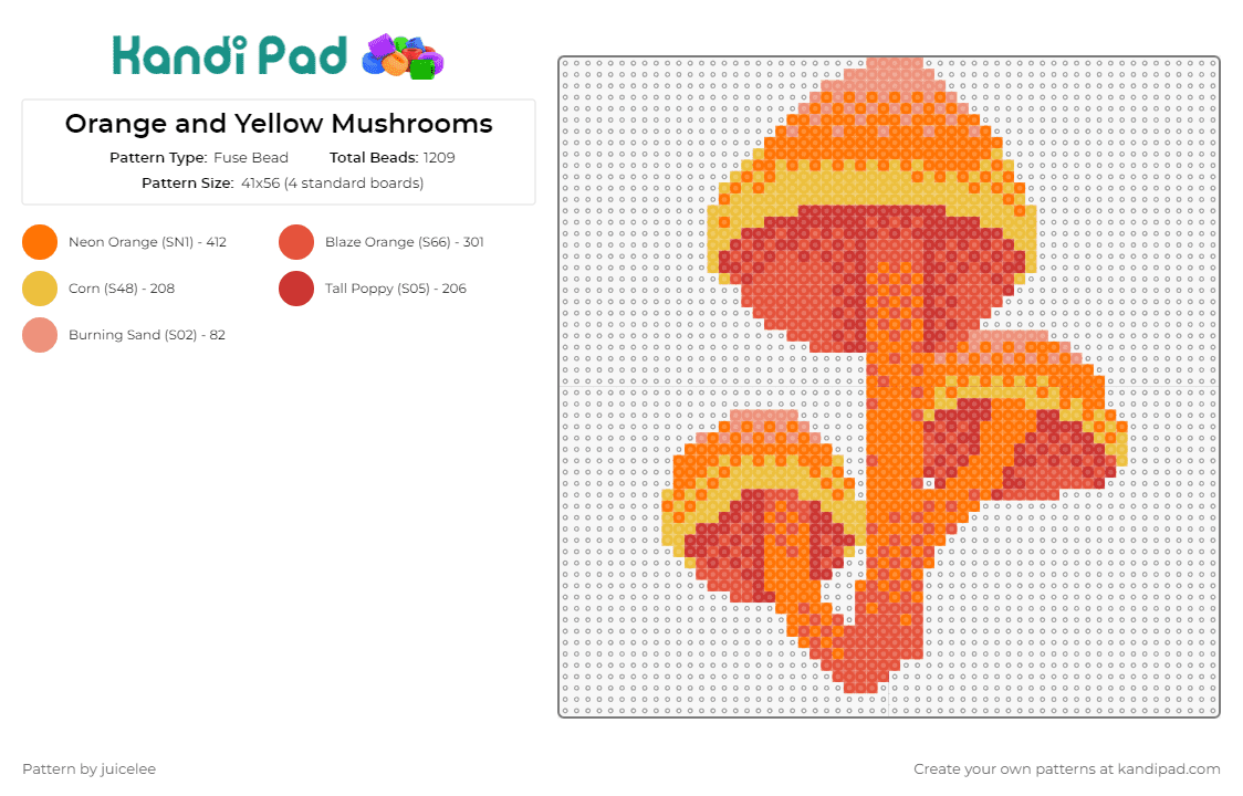 Orange and Yellow Mushrooms - Fuse Bead Pattern by juicelee on Kandi Pad - mushrooms,fungi,nature,vibrant,depiction,fascinating,enthusiasts,woodland,flora,beauty,orange,yellow