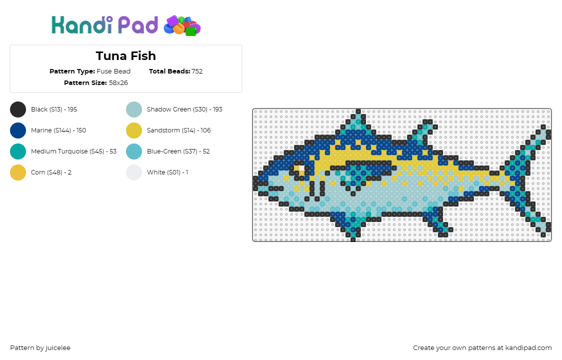 Tuna Fish - Fuse Bead Pattern by juicelee on Kandi Pad - tuna,fish,animal,nautical,marine,sea,oceanic,blue