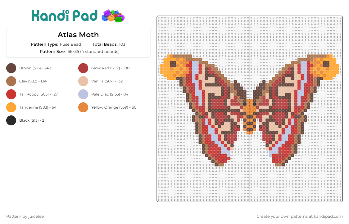 Atlas Moth - Fuse Bead Pattern by juicelee on Kandi Pad - atlas moth,butterfly,intricate,beauty,magnificent,nature,delicate,warm,majestic,brown
