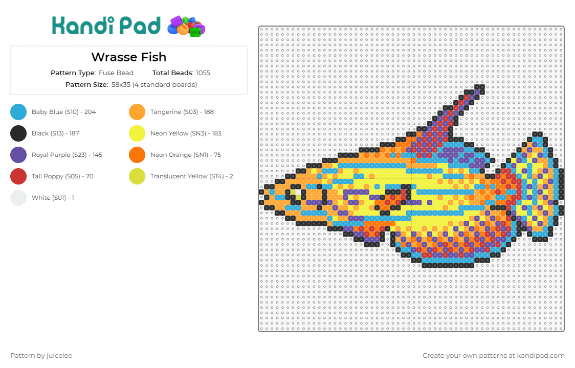 Wrasse Fish - Fuse Bead Pattern by juicelee on Kandi Pad - wrasse fish,animal,colorful,vibrant,lively,tropical,marine,diversity,yellow,orange