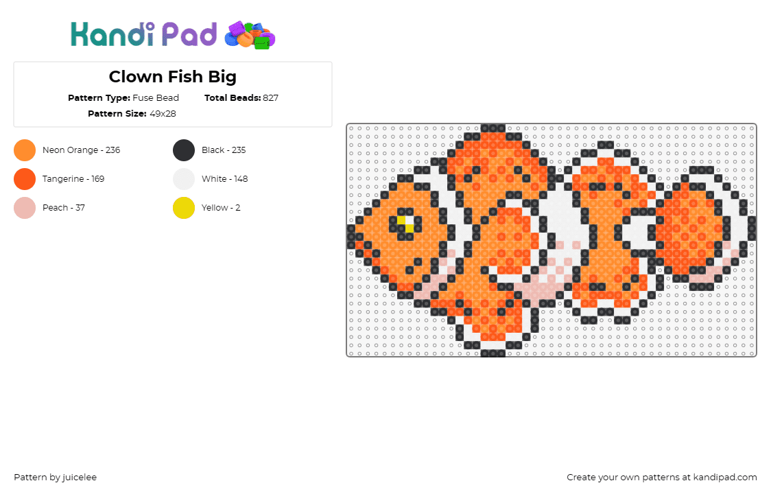 Clown Fish Big - Fuse Bead Pattern by juicelee on Kandi Pad - fish,animal,nemo,clownfish,sea,ocean,marine,aquatic,vibrant,orange