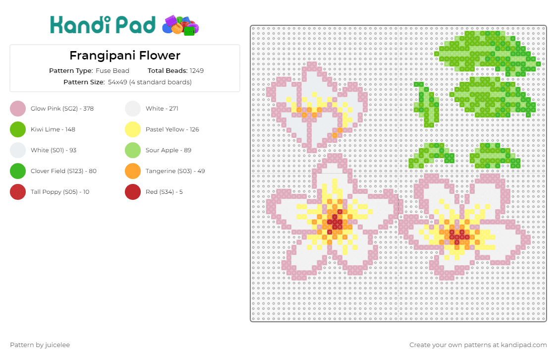 Frangipani Flower - Fuse Bead Pattern by juicelee on Kandi Pad - frangipani,plumeria,flower,tropical,beauty,bloom,lush,allure,pink