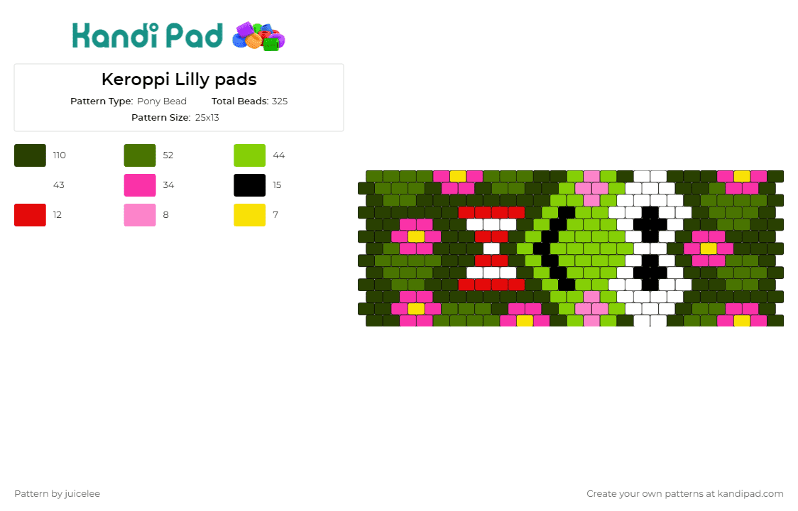 Keroppi Lilly pads - Pony Bead Pattern by juicelee on Kandi Pad - keroppi,sanrio,hello kitty,cuff,whimsical,cute,frog,character,green