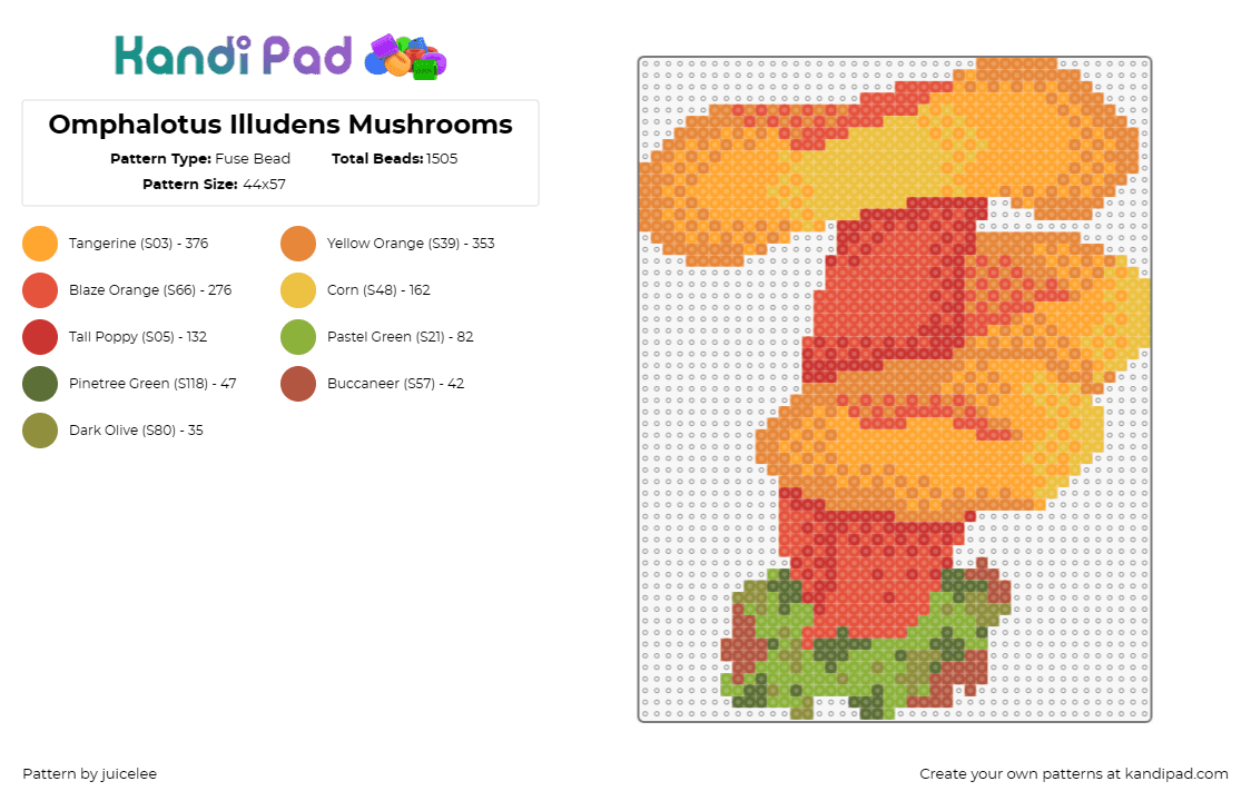 Omphalotus Illudens Mushrooms - Fuse Bead Pattern by juicelee on Kandi Pad - mushrooms,fungus,nature,mycology,jack-o'-lantern,vibrant,orange,natural,orange