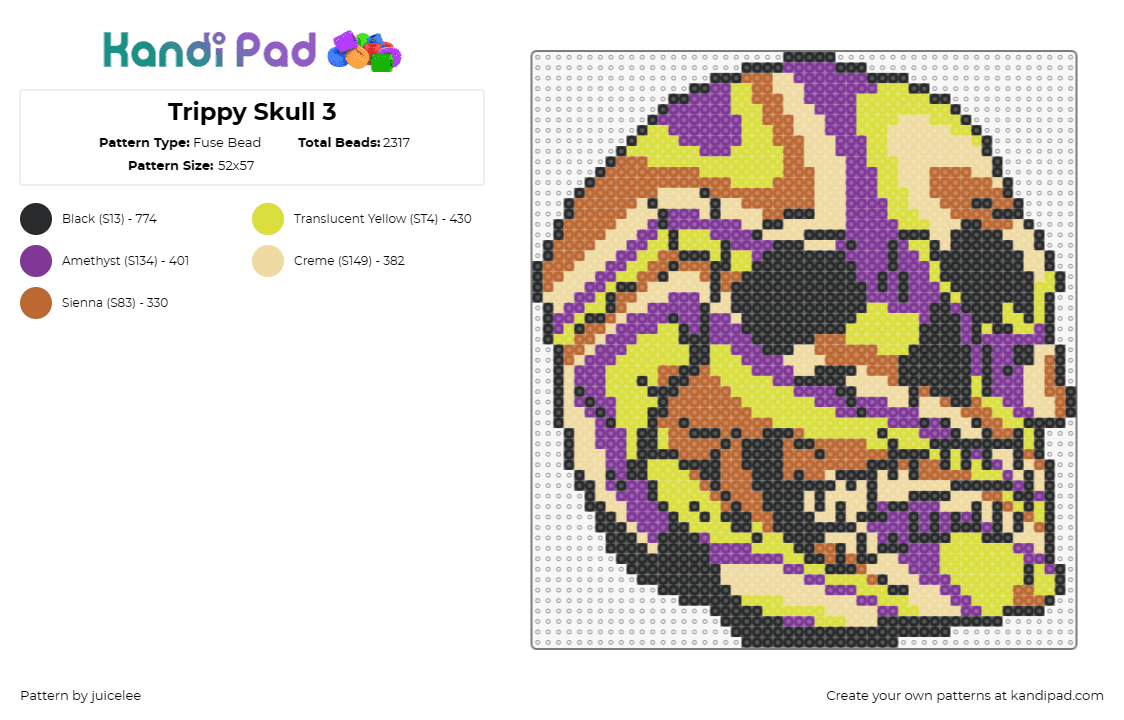 Trippy Skull 3 - Fuse Bead Pattern by juicelee on Kandi Pad - skull,trippy,colorful,halloween,psychedelic,motif,mesmerizing,yellow,purple