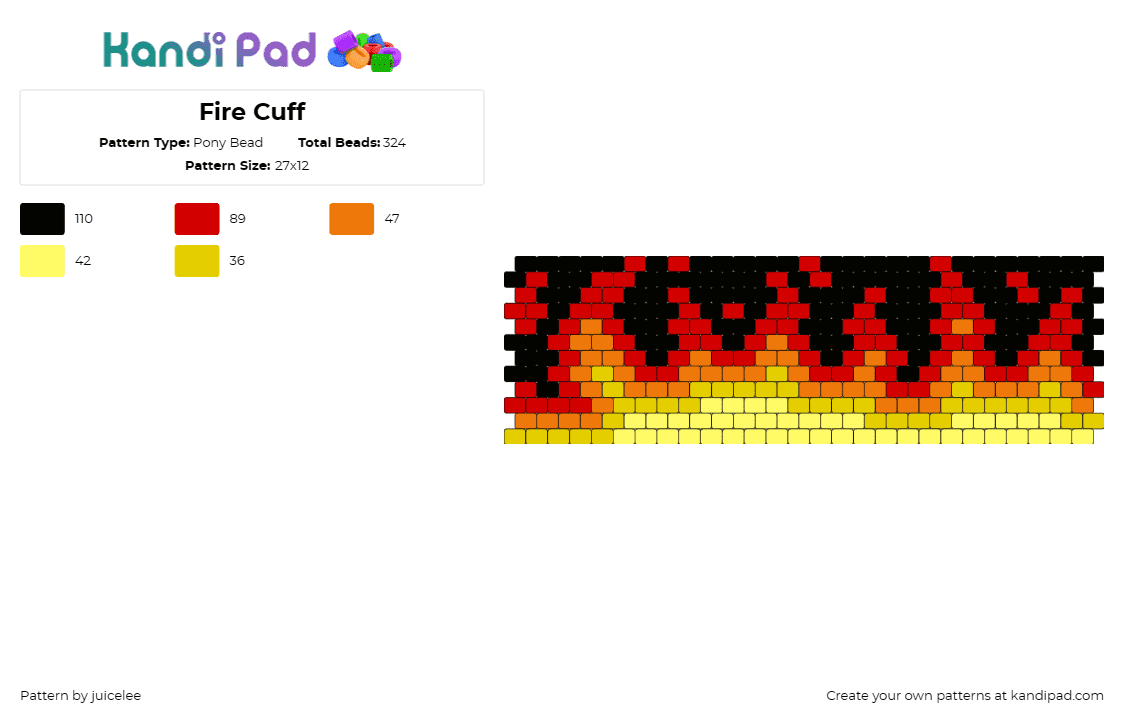 Fire Cuff - Pony Bead Pattern by juicelee on Kandi Pad - fire,flames,cuff,energy,dance,vibrant,raw,orange,yellow