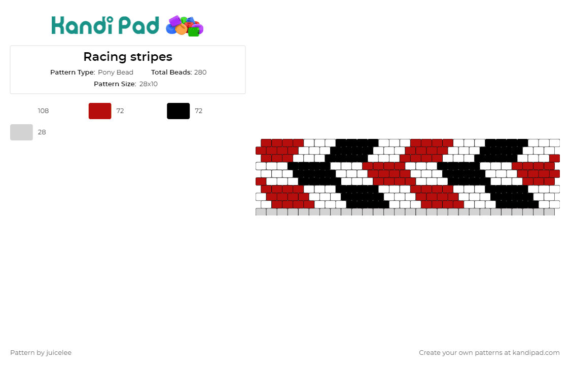 Racing stripes - Pony Bead Pattern by juicelee on Kandi Pad - checker,racing,geometric,cuff,dynamic,classic racing red,speed,thrill,red,black,white