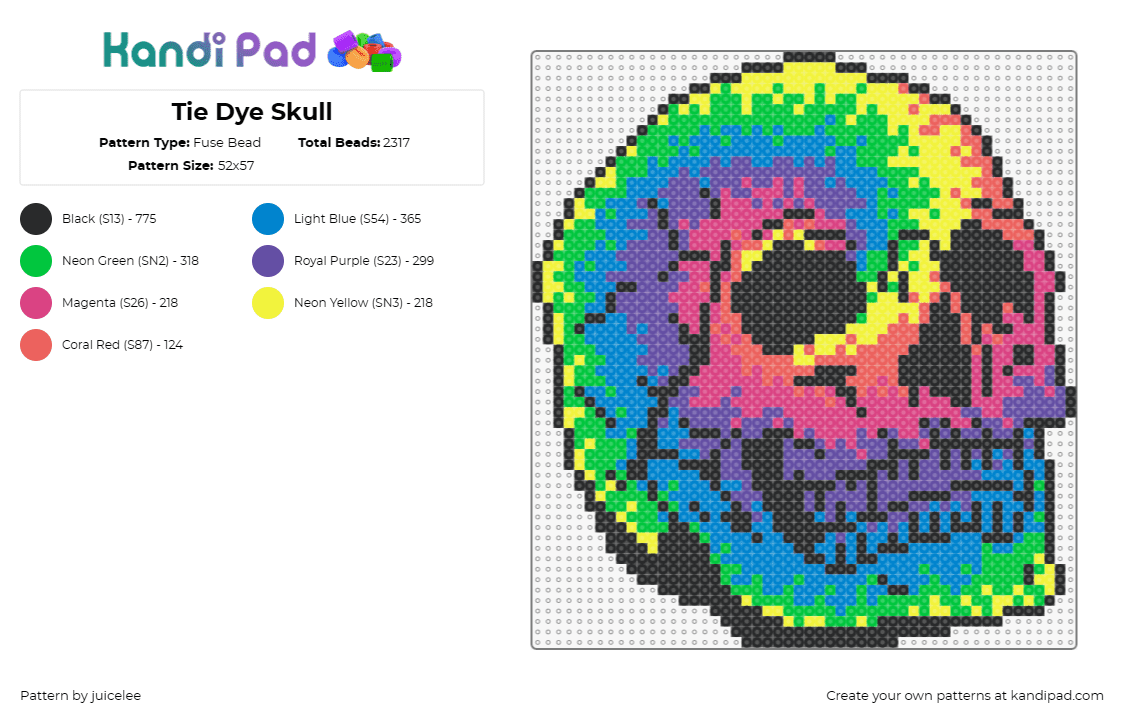 Tie Dye Skull - Fuse Bead Pattern by juicelee on Kandi Pad - skull,tie dye,colorful,halloween,psychedelic,spirited,rendition,decorations,rain