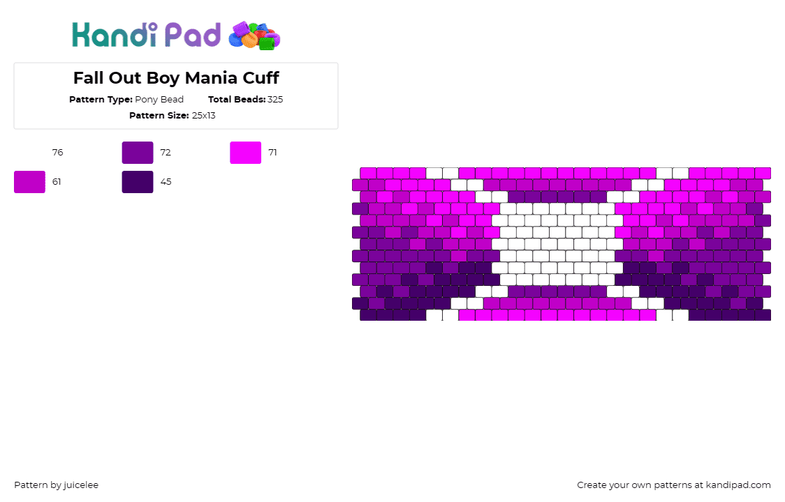 Fall Out Boy Mania Cuff - Pony Bead Pattern by juicelee on Kandi Pad - fall out boy,music,band,cuff,statement,stylish,purple