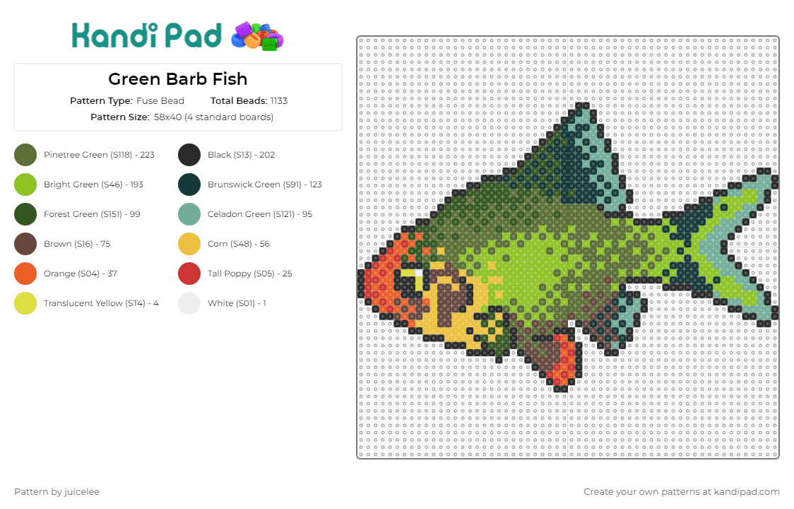 Green Barb Fish - Fuse Bead Pattern by juicelee on Kandi Pad - green barb,fish,animal,colorful,ocean,green