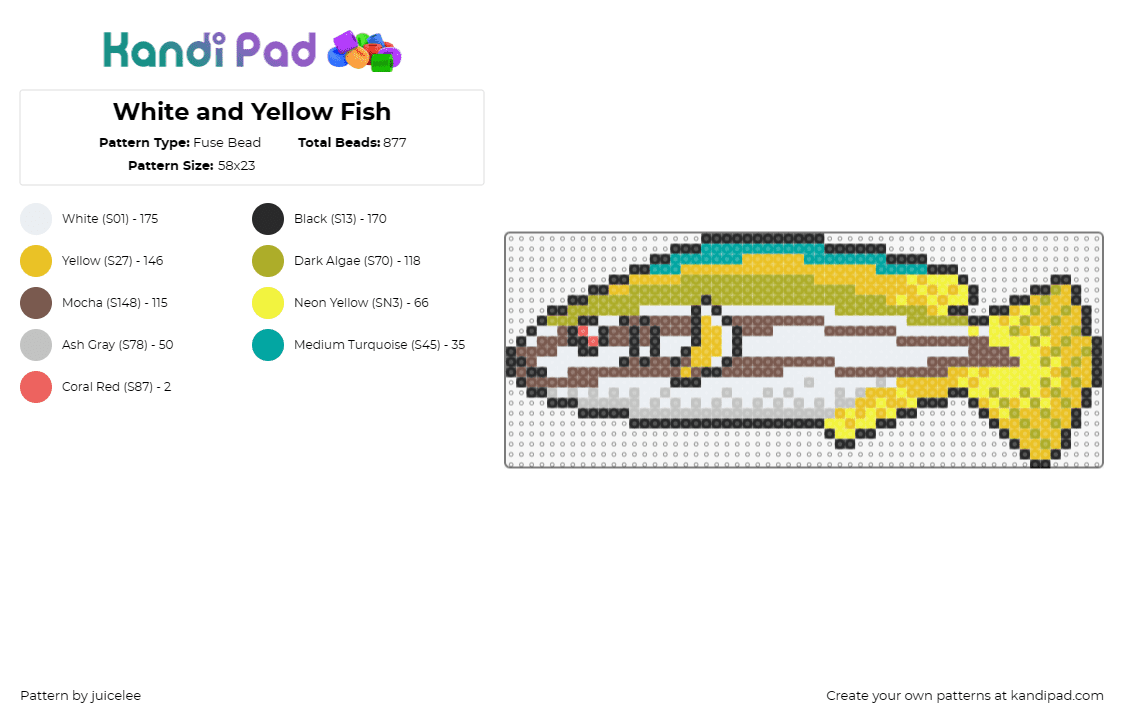 White and Yellow Fish - Fuse Bead Pattern by juicelee on Kandi Pad - fish,animal,serene,aquatic,tranquil,detailed,oceanic,marine,yellow,white