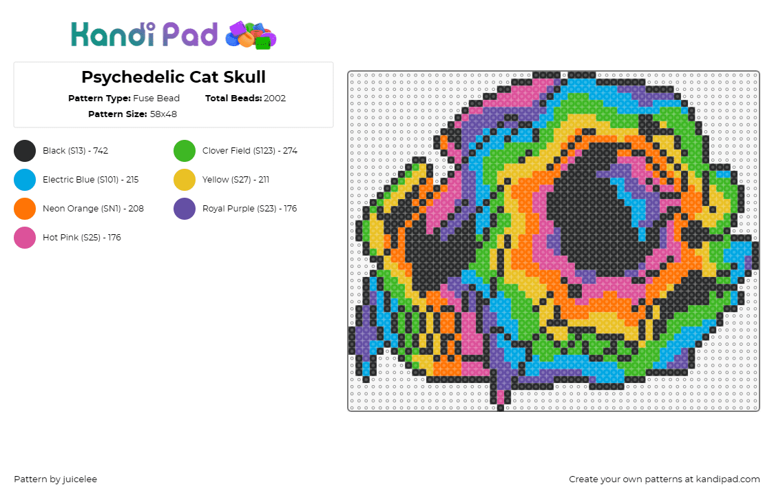 Psychedelic Cat Skull - Fuse Bead Pattern by juicelee on Kandi Pad - trippy,colorful,cat,animal,skull,vibrant,psychedelic,twist,multicolored