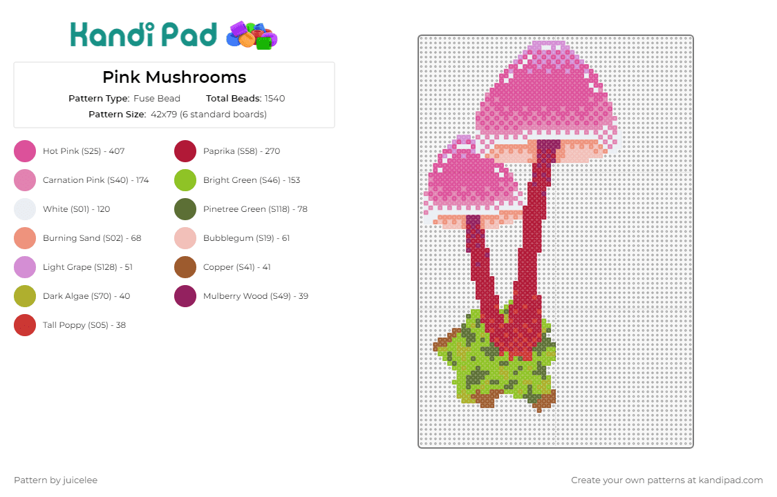 Pink Mushrooms - Fuse Bead Pattern by juicelee on Kandi Pad - mushrooms,fungus,nature,forest,whimsical,enchanting,pink,outdoors,magic
