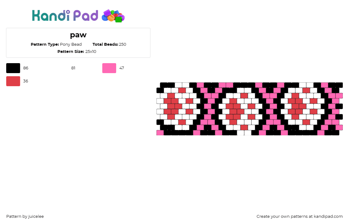 paw - Pony Bead Pattern by juicelee on Kandi Pad - paw,animal,dog,cat,cuff,repeating,pink,black,white